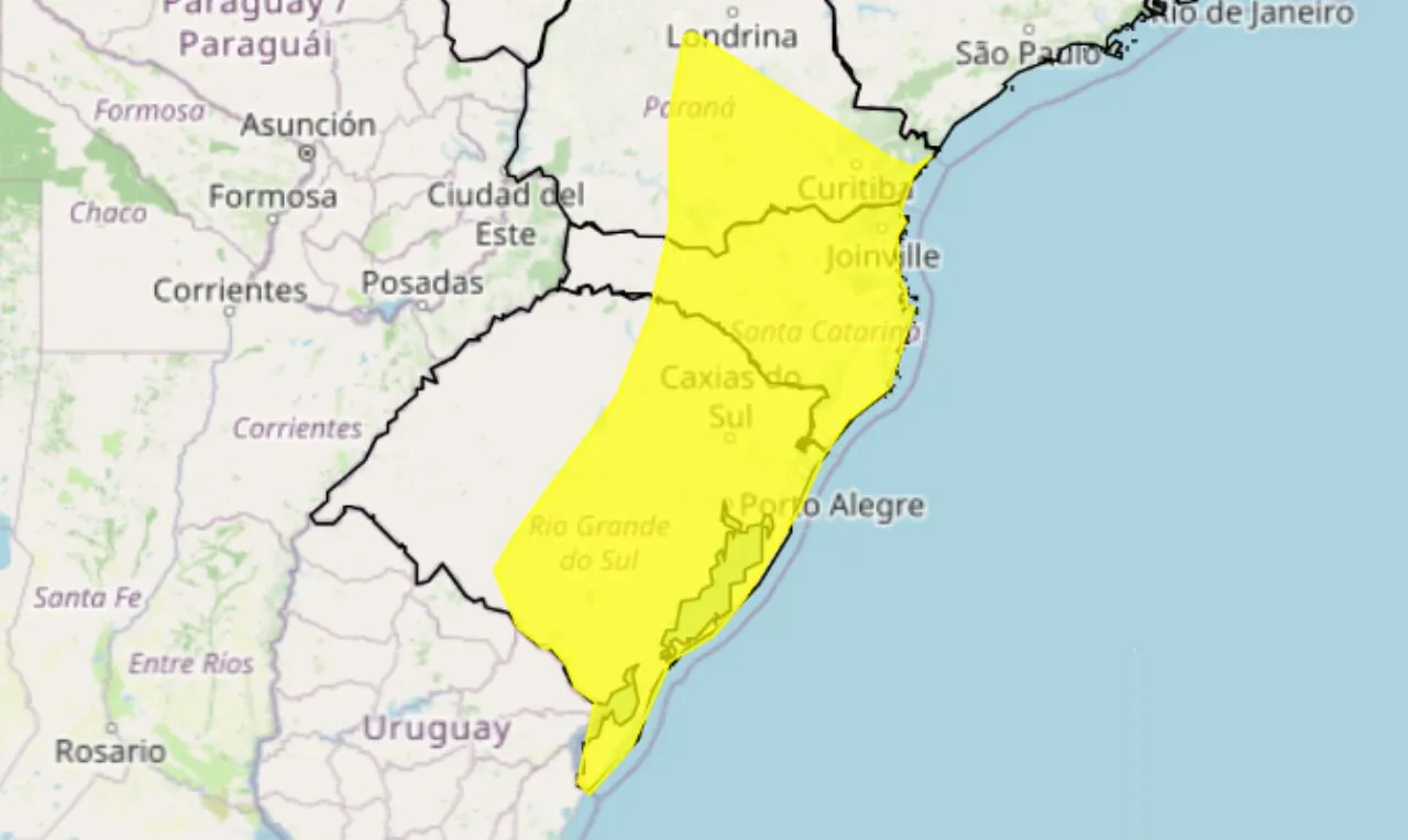 O mapa mostra as &aacute;reas em alerta para ventos intensos